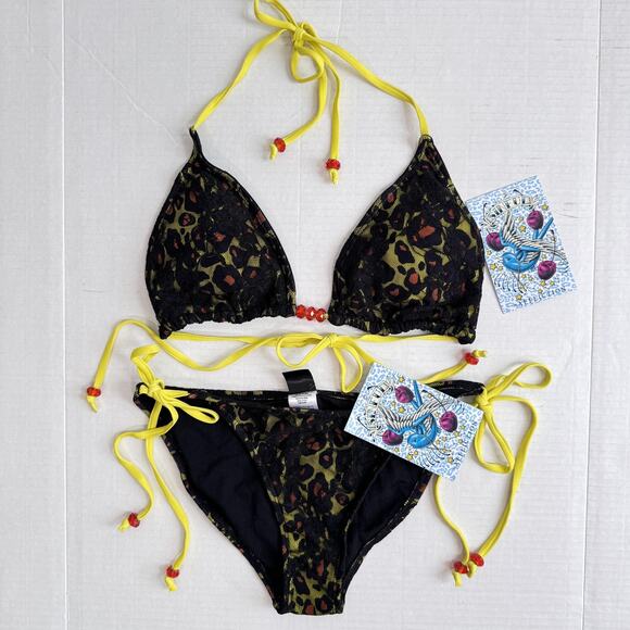 Sinful Other - Sinful Affliction Y2K Bikini Womens Small Lace Leopard Triangle Two Piece NEW